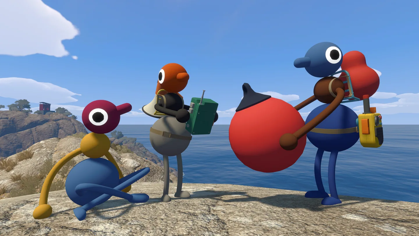 Big Walk characters standing together above the ocean