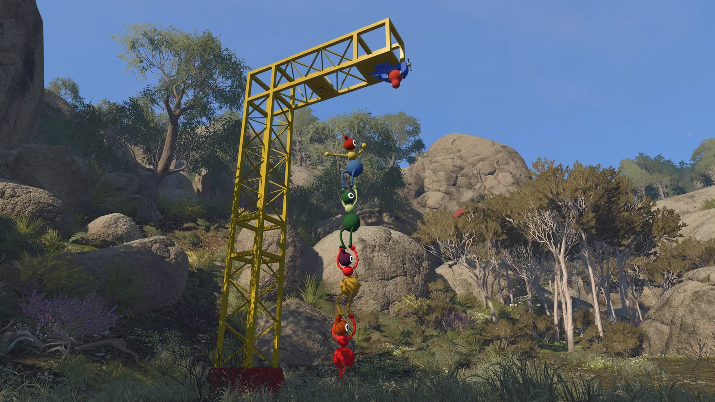 Big Walk characters climbing a yellow crane